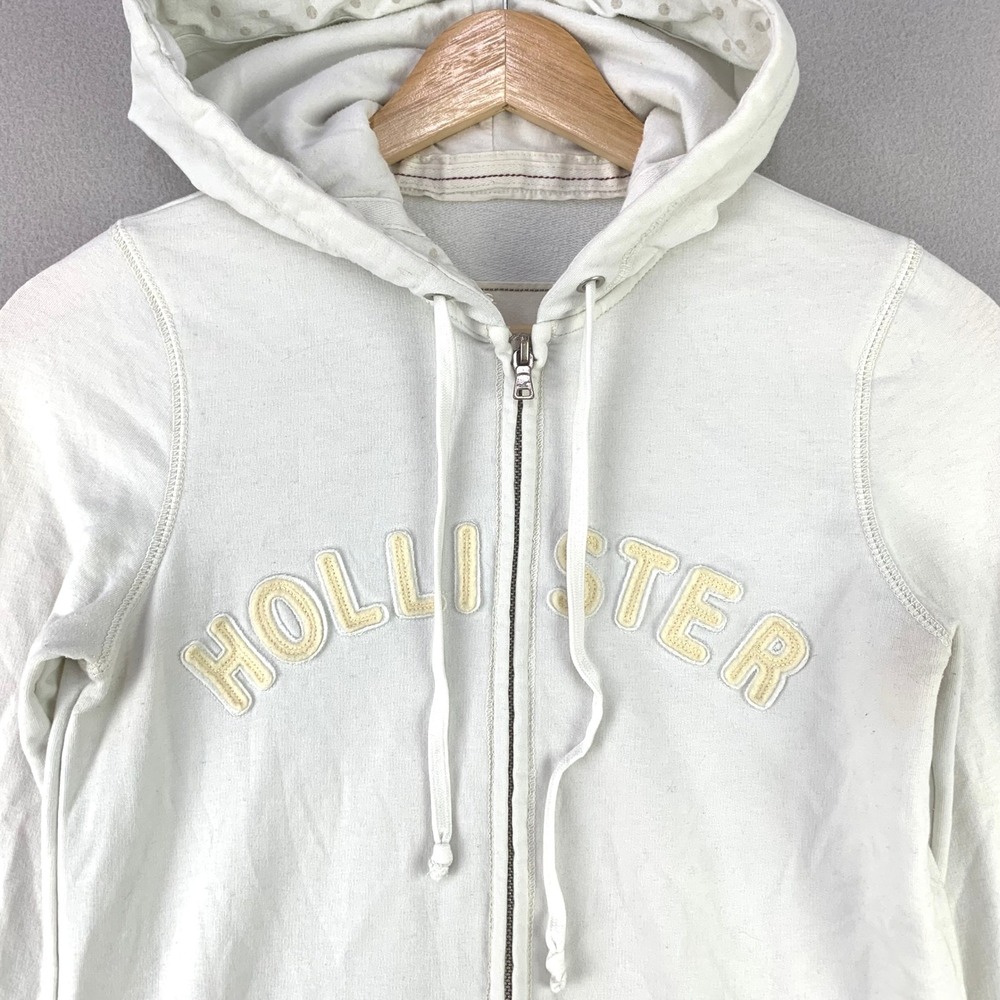 Vintage Hollister Logo Hoodie Women Medium White Full Zip‎ Y2K Casual Sweatshirt